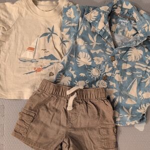 Carter's Tropical Blue Shirt, Cream Tee, Brown Shorts Set 6 Months